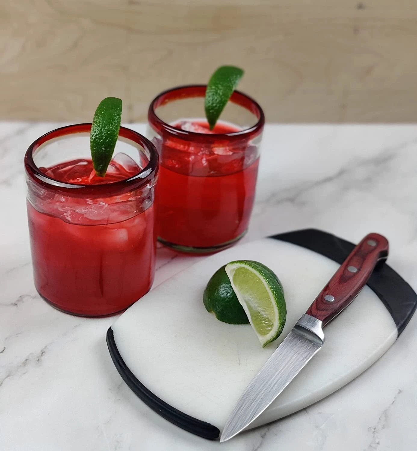 Hand Blown Mexican Drinking Glasses - Set of 6 Tumbler Glasses with Red Rims (10 oz each) by Dos Sueños