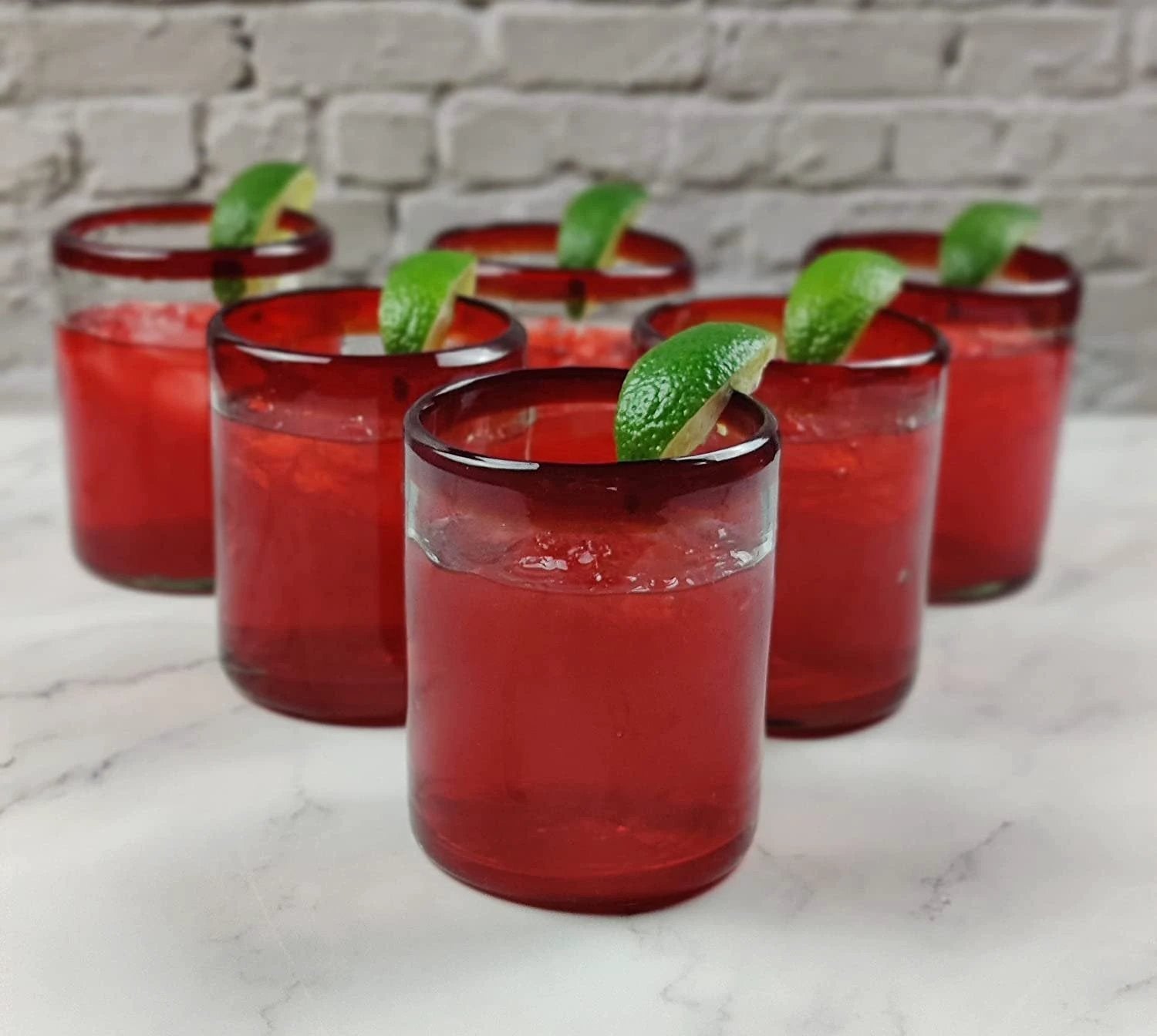 Hand Blown Mexican Drinking Glasses - Set of 6 Tumbler Glasses with Red Rims (10 oz each) by Dos Sueños