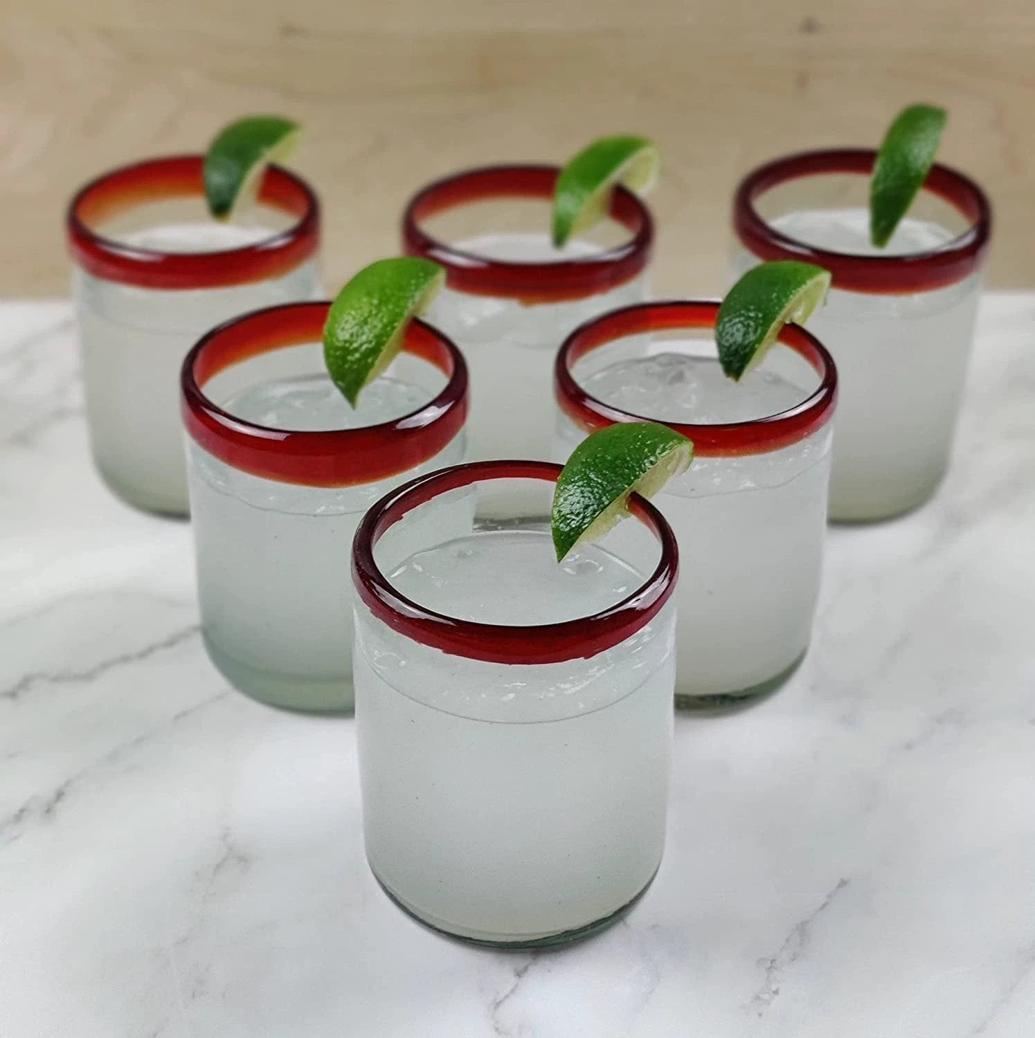 Hand Blown Mexican Drinking Glasses - Set of 6 Tumbler Glasses with Red Rims (10 oz each) by Dos Sueños