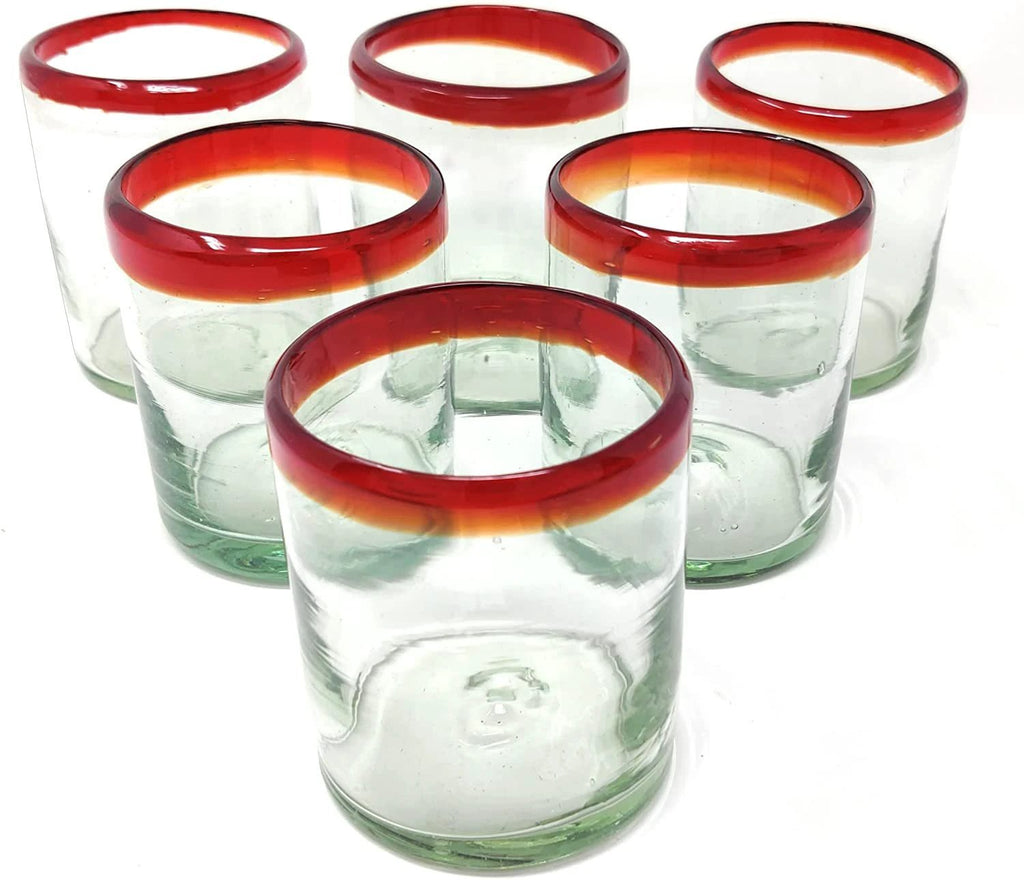 Hand Blown Mexican Drinking Glasses - Set of 6 Tumbler Glasses with Red Rims (10 oz each) by Dos Sueños