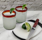 Hand Blown Mexican Drinking Glasses - Set of 6 Tumbler Glasses with Red Rims (10 oz each) by Dos Sueños