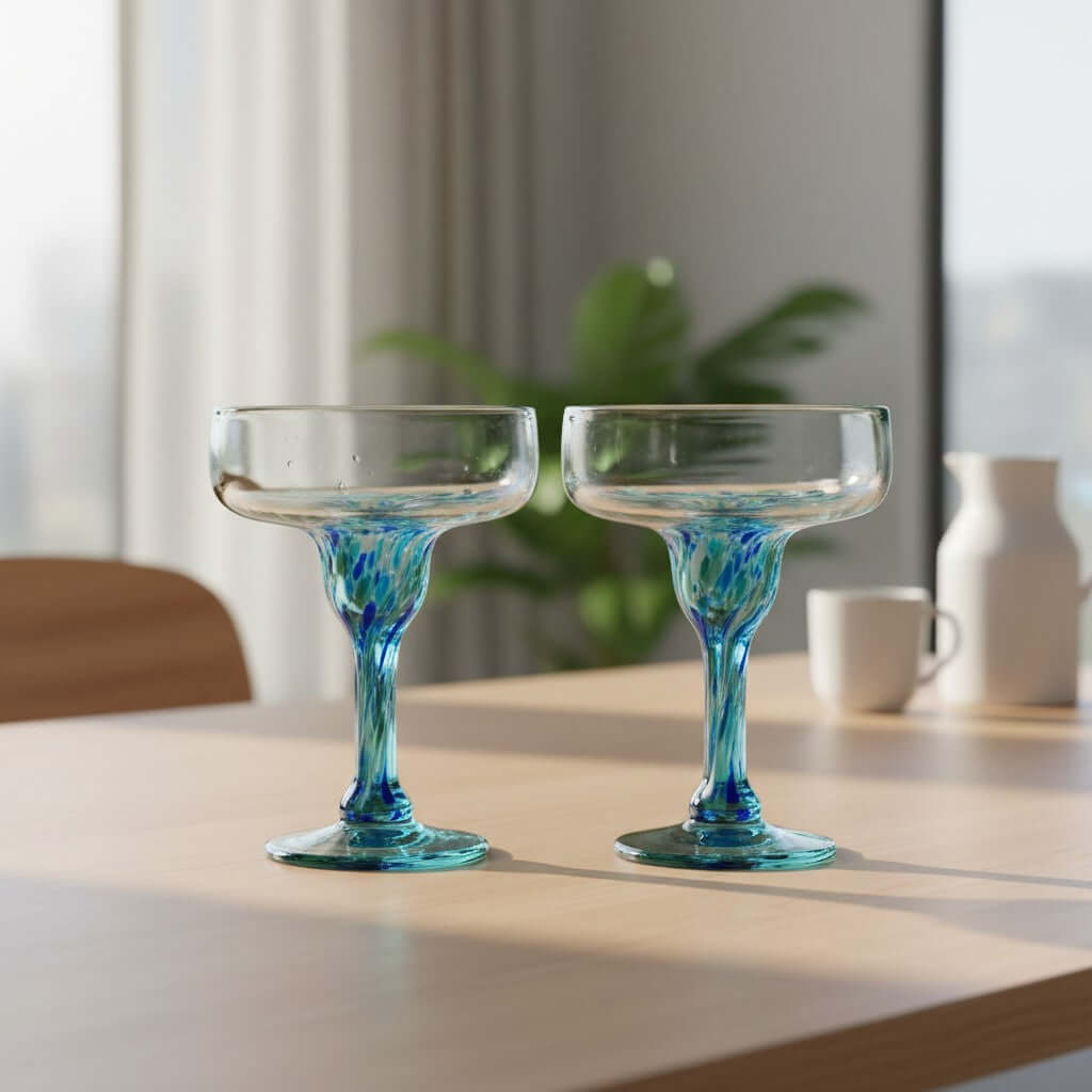 Hand-Blown Mexican Margarita Glass | Blue Green Confetti Mexican Margarita Glass La Vie Bien Hand-Blown Mexican Margarita Glass | Blue Green Confetti
