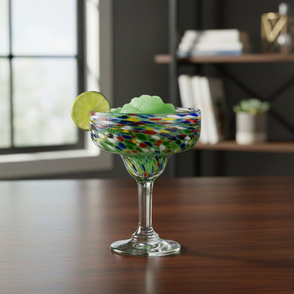 Hand Blown Mexican Margarita Glass | Colorful Pebbled Confetti Design Mexican Margarita Glass La Vie Bien Hand Blown Mexican Margarita Glass | Colorful Pebbled Confetti Design