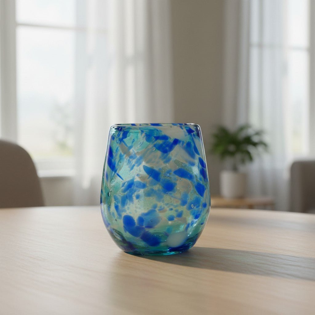 Hand-Blown Mexican Stemless Wine Glass | Blue and White Snow Pattern Mexican Wine Glass La Vie Bien Hand-Blown Mexican Stemless Wine Glass | Blue and White Snow Pattern