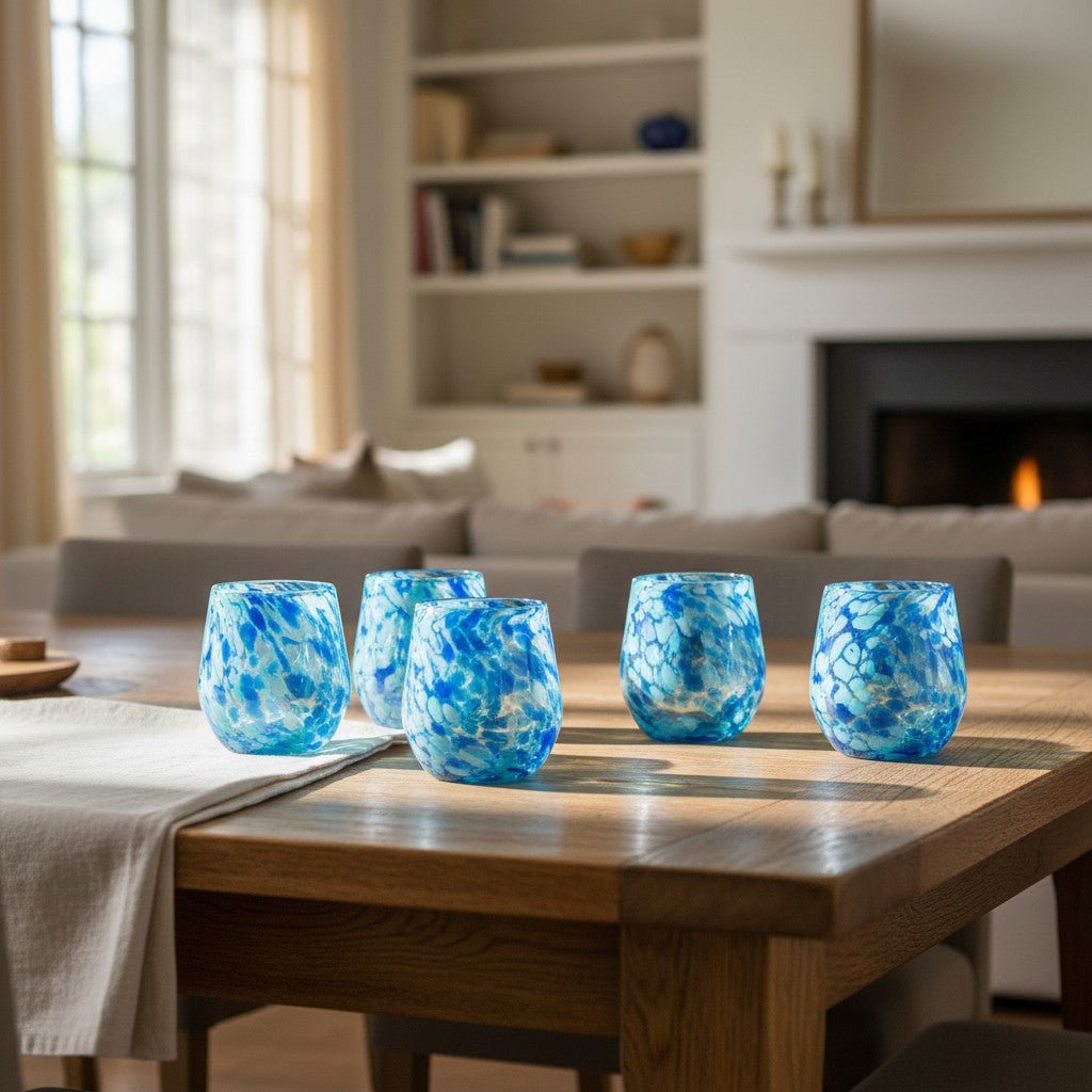 Hand-Blown Mexican Stemless Wine Glass | Blue and White Snow Pattern Mexican Wine Glass La Vie Bien Hand-Blown Mexican Stemless Wine Glass | Blue and White Snow Pattern