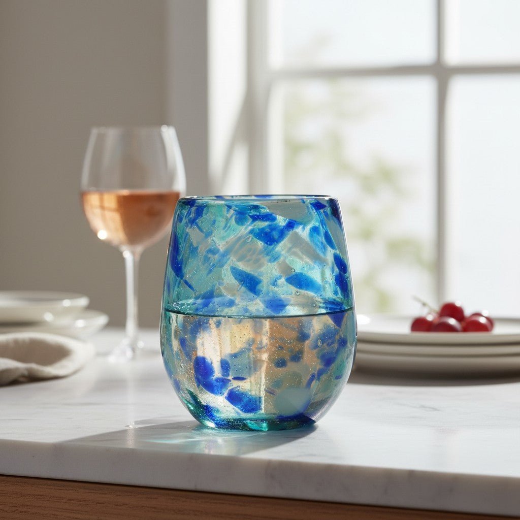 Hand-Blown Mexican Stemless Wine Glass | Blue and White Snow Pattern Mexican Wine Glass La Vie Bien Hand-Blown Mexican Stemless Wine Glass | Blue and White Snow Pattern