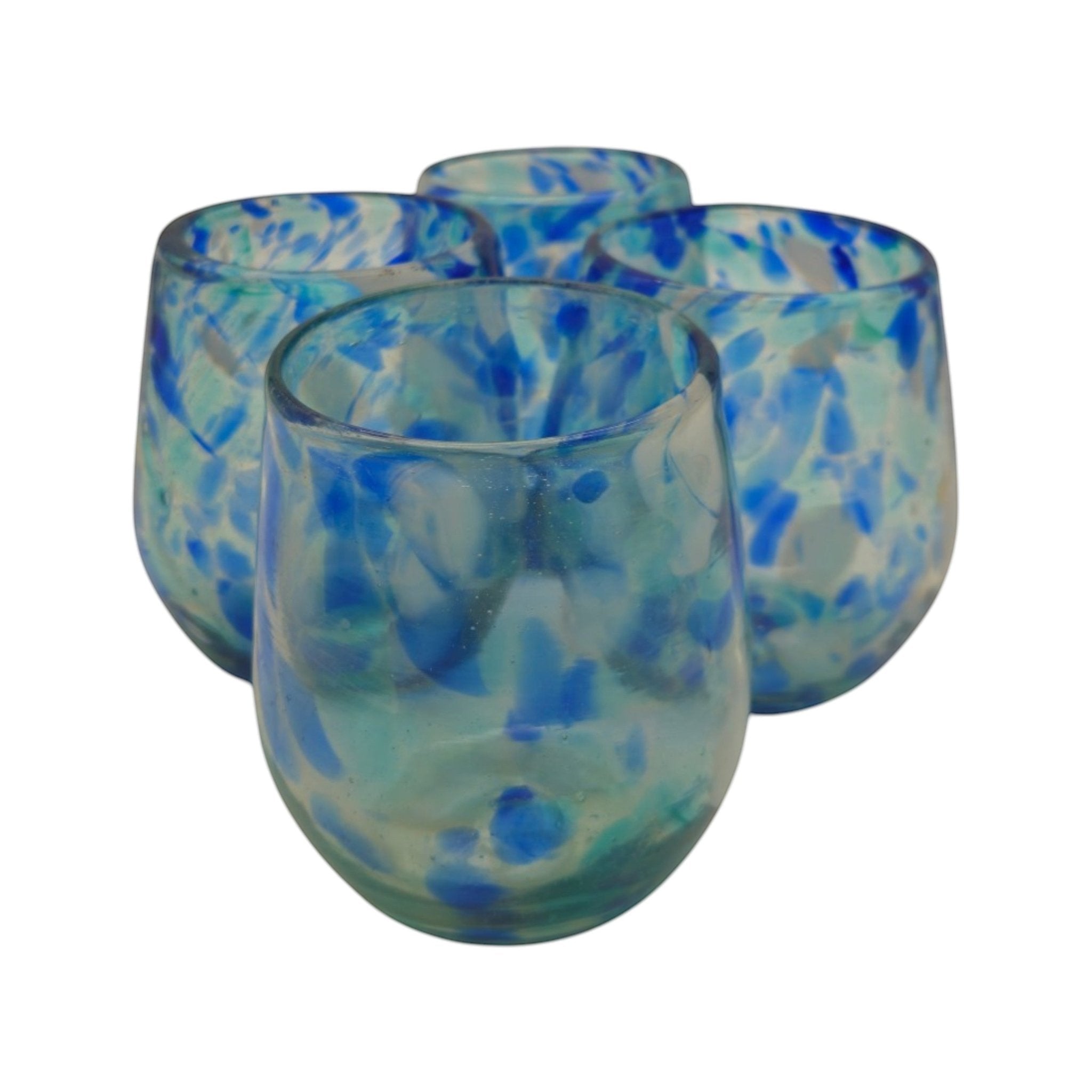 Hand-Blown Mexican Stemless Wine Glass | Blue and White Snow Pattern Mexican Wine Glass La Vie Bien Hand-Blown Mexican Stemless Wine Glass | Blue and White Snow Pattern