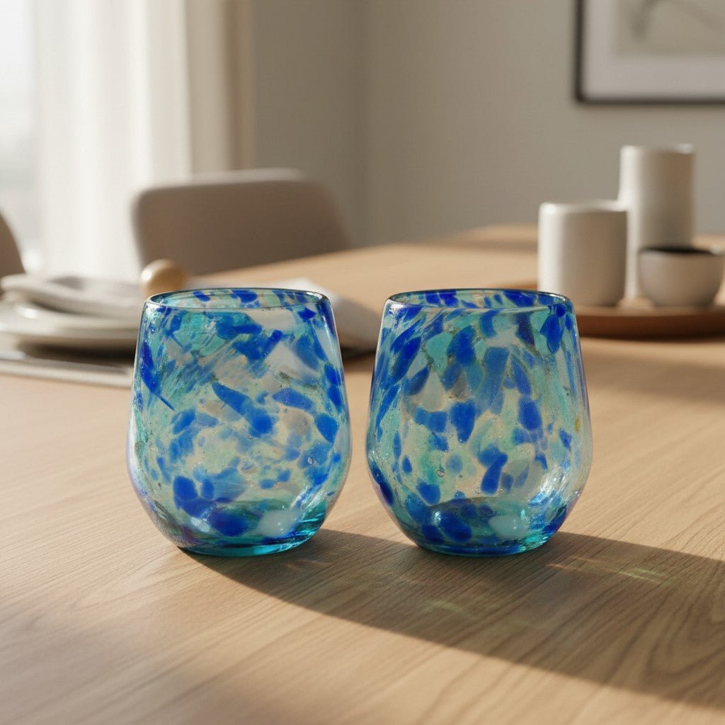 Hand-Blown Mexican Stemless Wine Glass | Blue and White Snow Pattern Mexican Wine Glass La Vie Bien Hand-Blown Mexican Stemless Wine Glass | Blue and White Snow Pattern