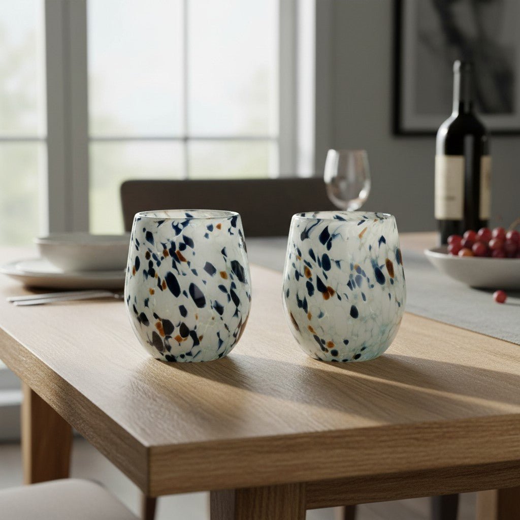Hand-Blown Mexican Stemless Wine Glass | Blue Mocha Speckle Design Mexican Wine Glass La Vie Bien Hand-Blown Mexican Stemless Wine Glass | Blue Mocha Speckle Design