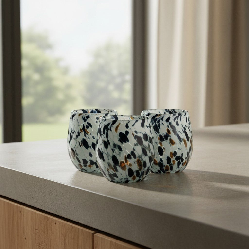 Hand-Blown Mexican Stemless Wine Glass | Blue Mocha Speckle Design Mexican Wine Glass La Vie Bien Hand-Blown Mexican Stemless Wine Glass | Blue Mocha Speckle Design