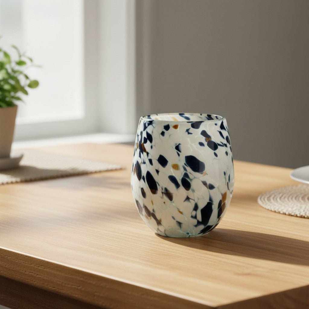 Hand-Blown Mexican Stemless Wine Glass | Blue Mocha Speckle Design Mexican Wine Glass La Vie Bien Hand-Blown Mexican Stemless Wine Glass | Blue Mocha Speckle Design