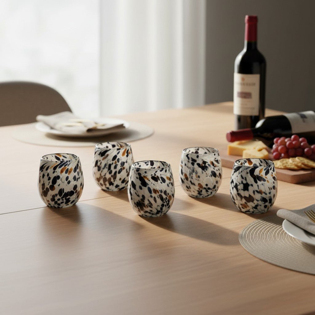 Hand-Blown Mexican Stemless Wine Glass | Blue Mocha Speckle Design Mexican Wine Glass La Vie Bien Hand-Blown Mexican Stemless Wine Glass | Blue Mocha Speckle Design