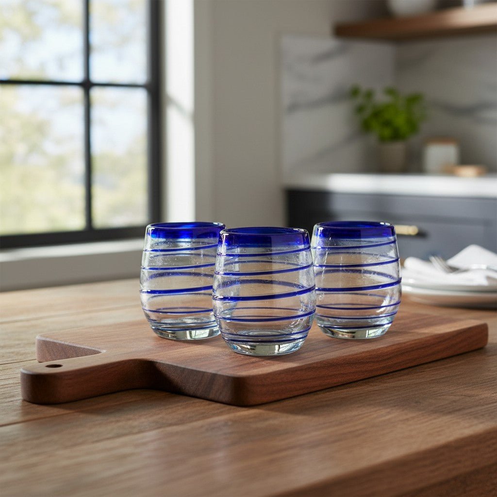 Hand-Blown Mexican Stemless Wine Glass | Cobalt Blue Spiral Design Mexican Wine Glass La Vie Bien Hand-Blown Mexican Stemless Wine Glass | Cobalt Blue Spiral Design