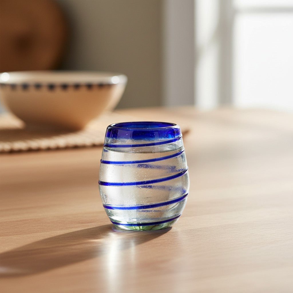 Hand-Blown Mexican Stemless Wine Glass | Cobalt Blue Spiral Design Mexican Wine Glass La Vie Bien Hand-Blown Mexican Stemless Wine Glass | Cobalt Blue Spiral Design