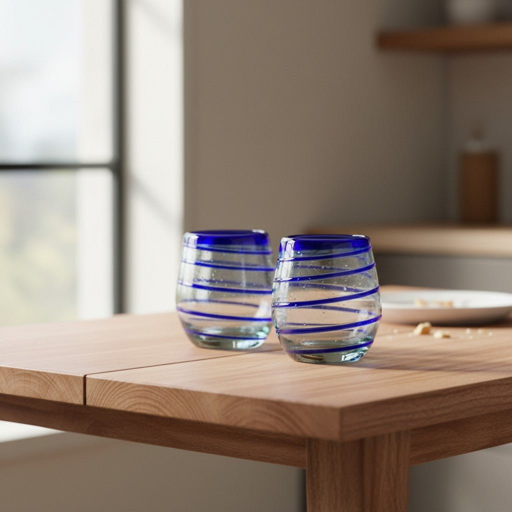 Hand-Blown Mexican Stemless Wine Glass | Cobalt Blue Spiral Design Mexican Wine Glass La Vie Bien Hand-Blown Mexican Stemless Wine Glass | Cobalt Blue Spiral Design