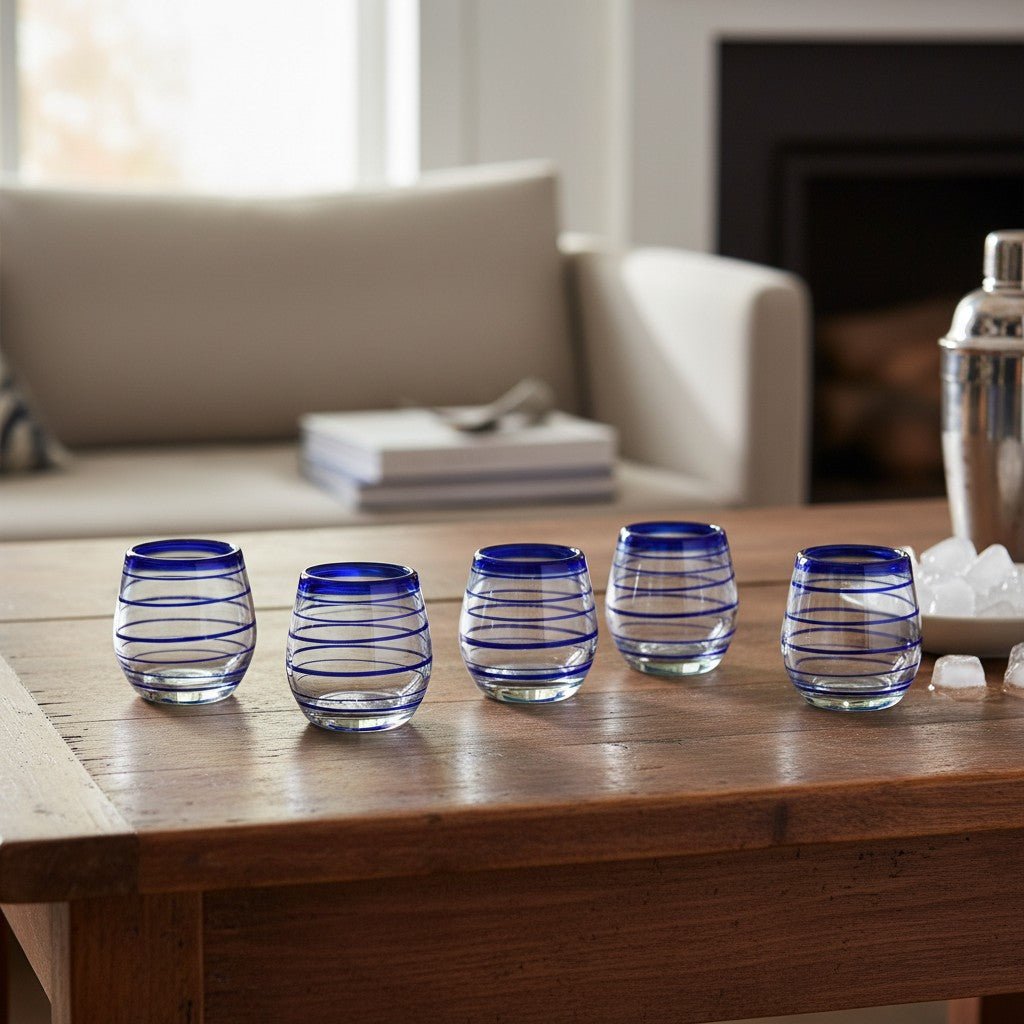Hand-Blown Mexican Stemless Wine Glass | Cobalt Blue Spiral Design Mexican Wine Glass La Vie Bien Hand-Blown Mexican Stemless Wine Glass | Cobalt Blue Spiral Design