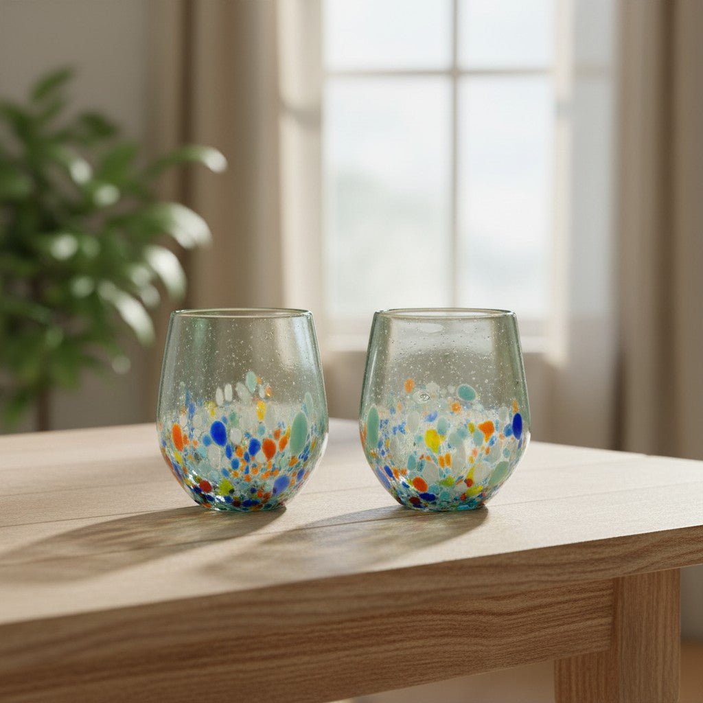 Hand-Blown Mexican Stemless Wine Glass | Confetti & Clear Design Mexican Wine Glass La Vie Bien Hand-Blown Mexican Stemless Wine Glass | Confetti & Clear Design