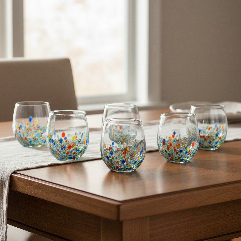Hand-Blown Mexican Stemless Wine Glass | Confetti & Clear Design Mexican Wine Glass La Vie Bien Hand-Blown Mexican Stemless Wine Glass | Confetti & Clear Design