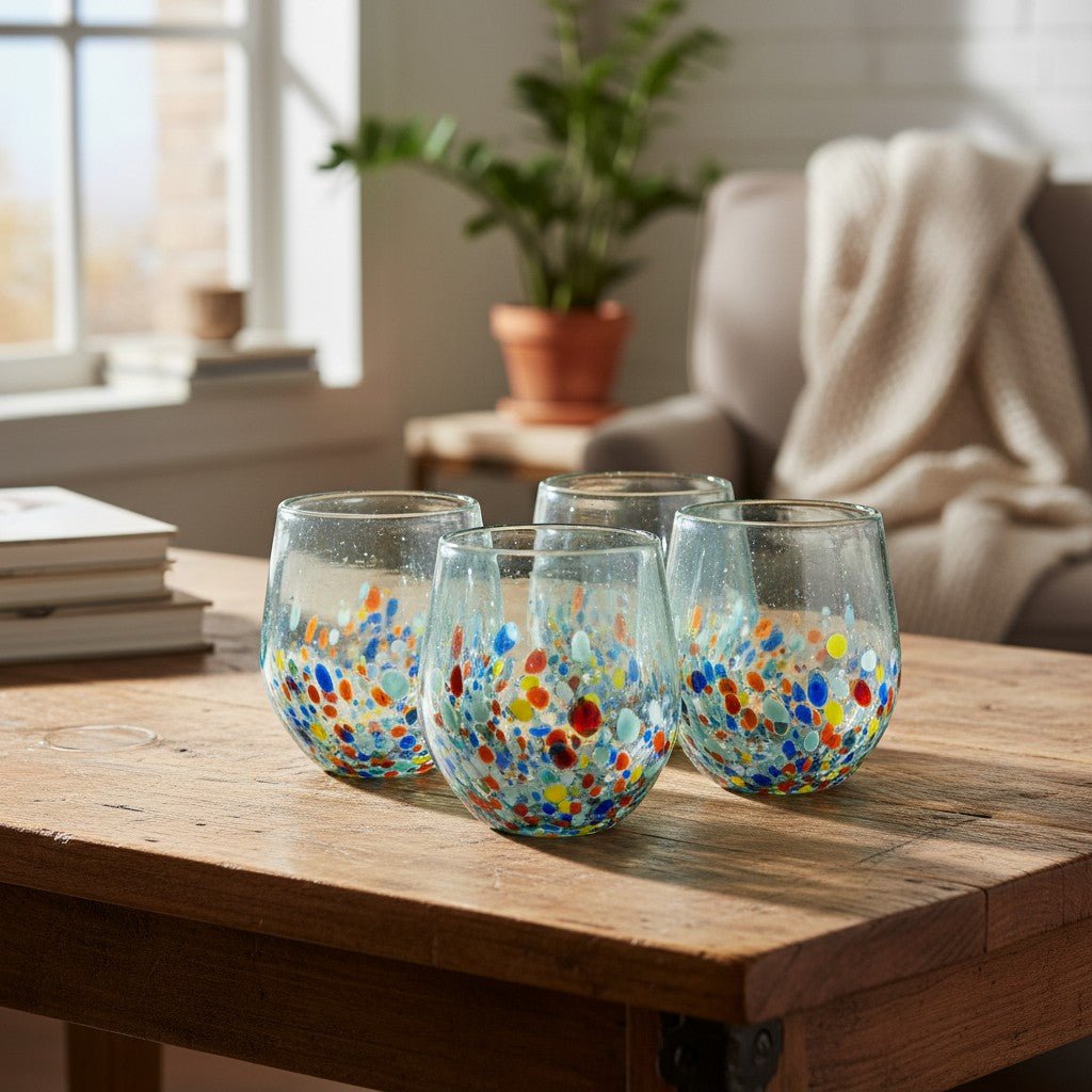 Hand-Blown Mexican Stemless Wine Glass | Confetti & Clear Design Mexican Wine Glass La Vie Bien Hand-Blown Mexican Stemless Wine Glass | Confetti & Clear Design