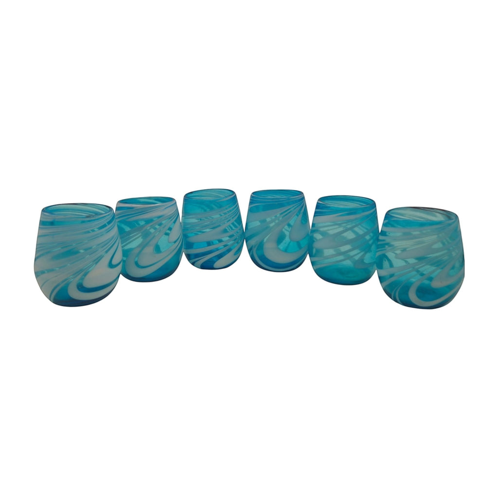 Hand-Blown Mexican Stemless Wine Glass | Teal White Swirl Design Mexican Wine Glass La Vie Bien Hand-Blown Mexican Stemless Wine Glass | Teal White Swirl Design