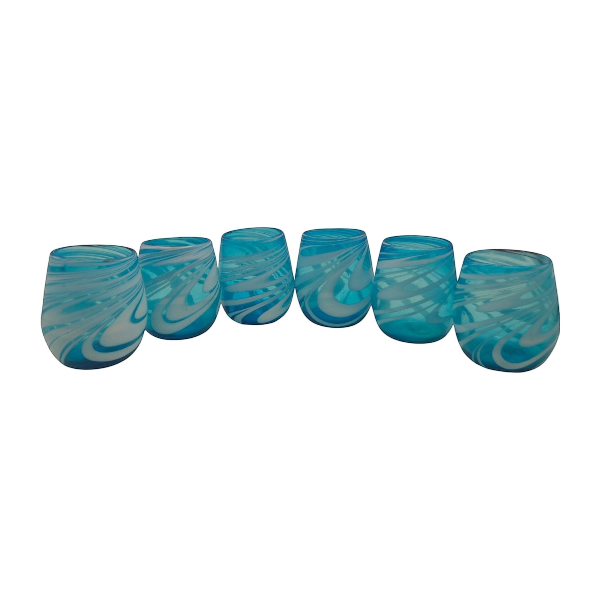 Hand-Blown Mexican Stemless Wine Glass | Teal White Swirl Design Mexican Wine Glass La Vie Bien Hand-Blown Mexican Stemless Wine Glass | Teal White Swirl Design