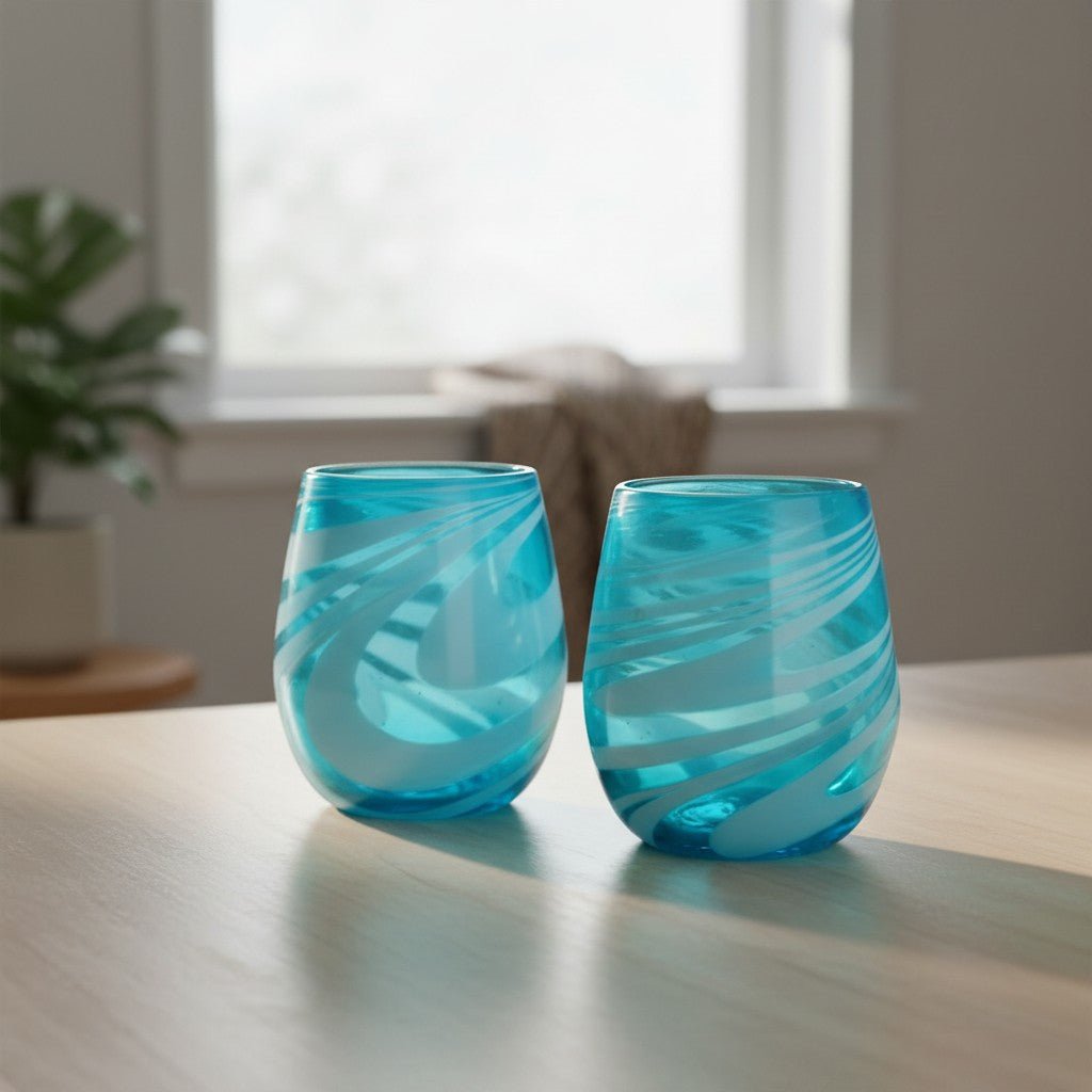 Hand-Blown Mexican Stemless Wine Glass | Teal White Swirl Design Mexican Wine Glass La Vie Bien Hand-Blown Mexican Stemless Wine Glass | Teal White Swirl Design