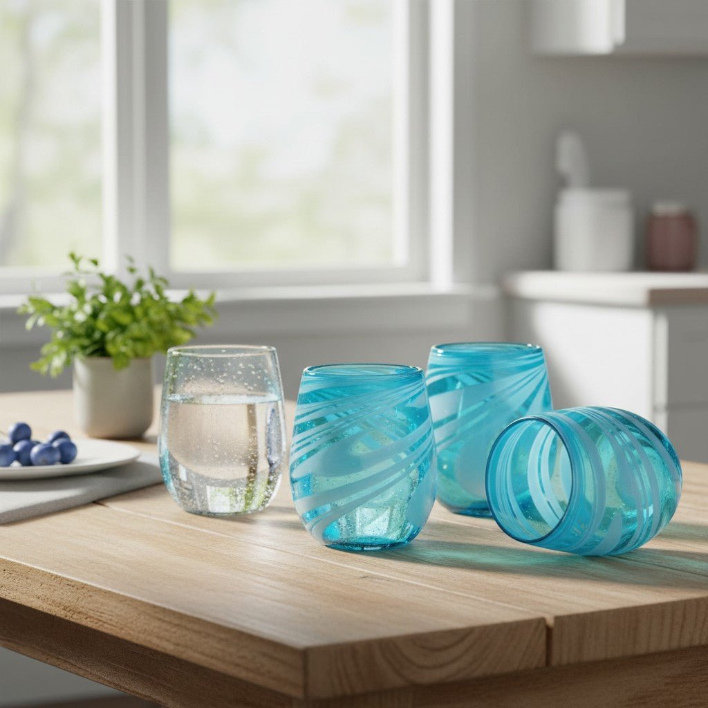 Hand-Blown Mexican Stemless Wine Glass | Teal White Swirl Design Mexican Wine Glass La Vie Bien Hand-Blown Mexican Stemless Wine Glass | Teal White Swirl Design