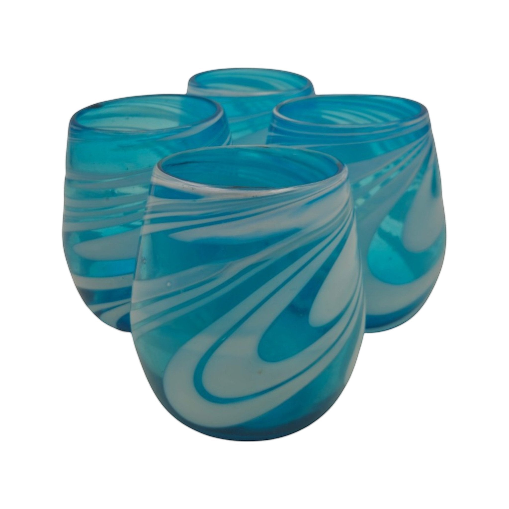Hand-Blown Mexican Stemless Wine Glass | Teal White Swirl Design Mexican Wine Glass La Vie Bien Hand-Blown Mexican Stemless Wine Glass | Teal White Swirl Design