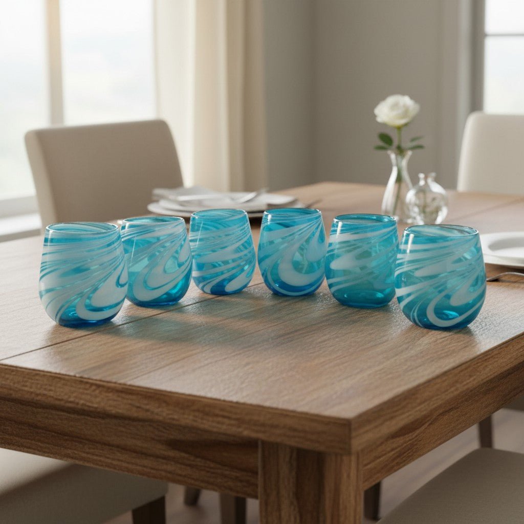 Hand-Blown Mexican Stemless Wine Glass | Teal White Swirl Design Mexican Wine Glass La Vie Bien Hand-Blown Mexican Stemless Wine Glass | Teal White Swirl Design