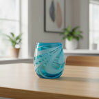 Hand-Blown Mexican Stemless Wine Glass | Teal White Swirl Design Mexican Wine Glass La Vie Bien Hand-Blown Mexican Stemless Wine Glass | Teal White Swirl Design