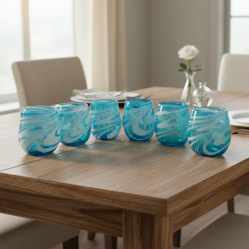 Hand-Blown Mexican Stemless Wine Glass | Teal White Swirl Design