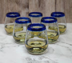 Hand Blown Mexican Stemless Wine Glasses - Set of 6 Glasses with Cobalt Blue Rims (15 oz) by Dos Sueños