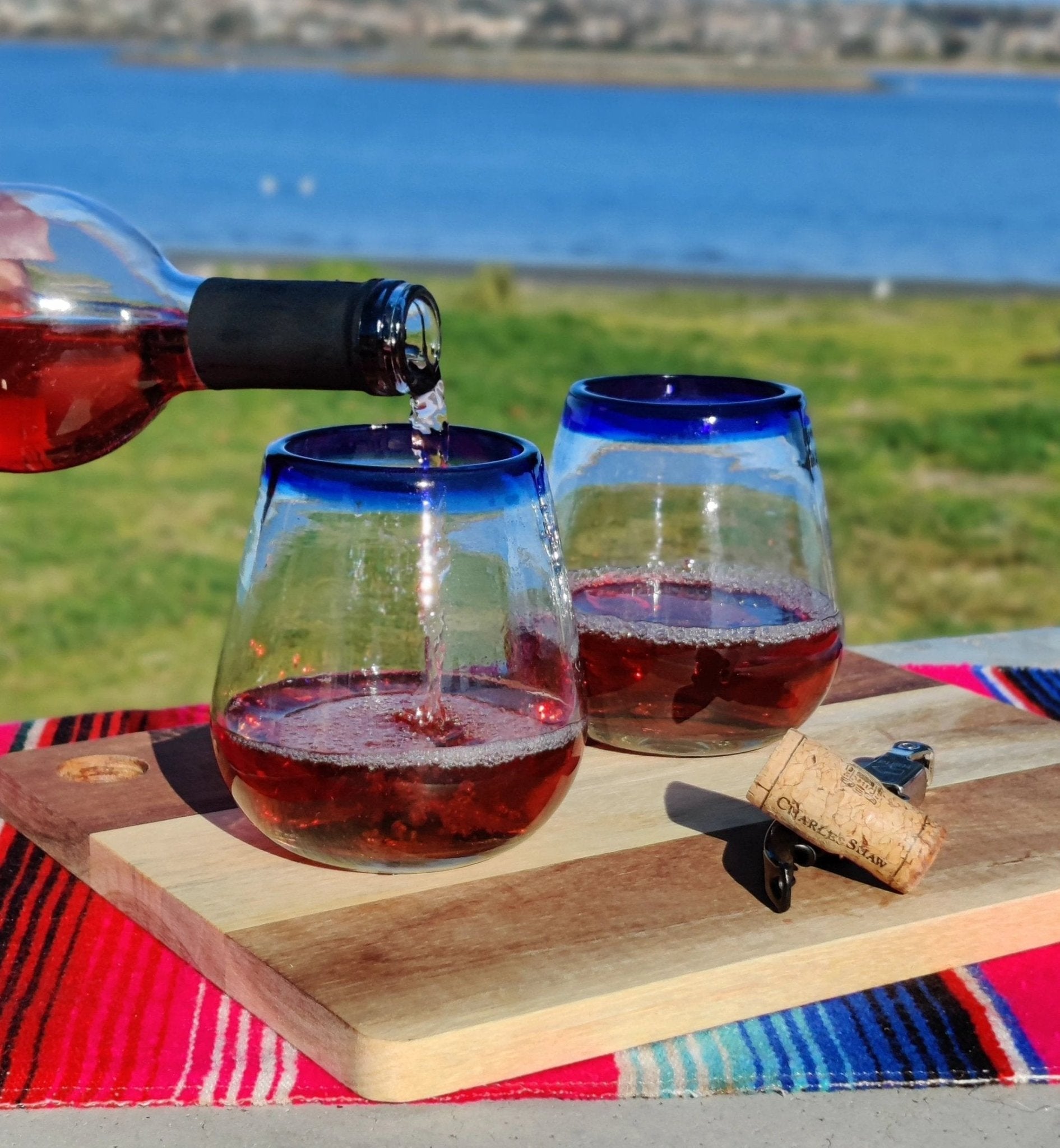 Hand Blown Mexican Stemless Wine Glasses - Set of 6 Glasses with Cobalt Blue Rims (15 oz) by Dos Sueños