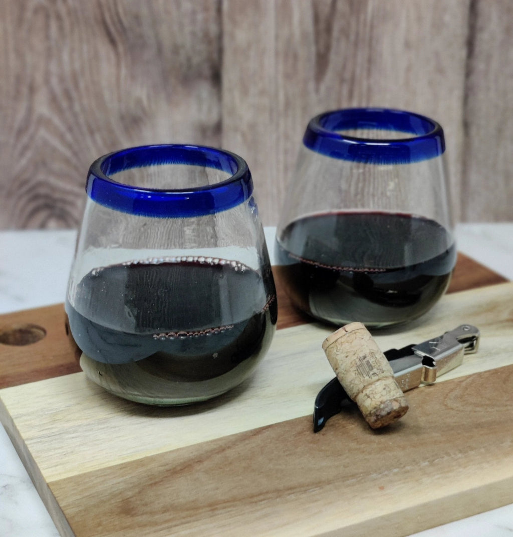 Hand Blown Mexican Stemless Wine Glasses - Set of 6 Glasses with Cobalt Blue Rims (15 oz) by Dos Sueños