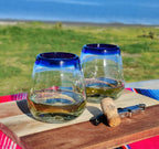 Hand Blown Mexican Stemless Wine Glasses - Set of 6 Glasses with Cobalt Blue Rims (15 oz) by Dos Sueños