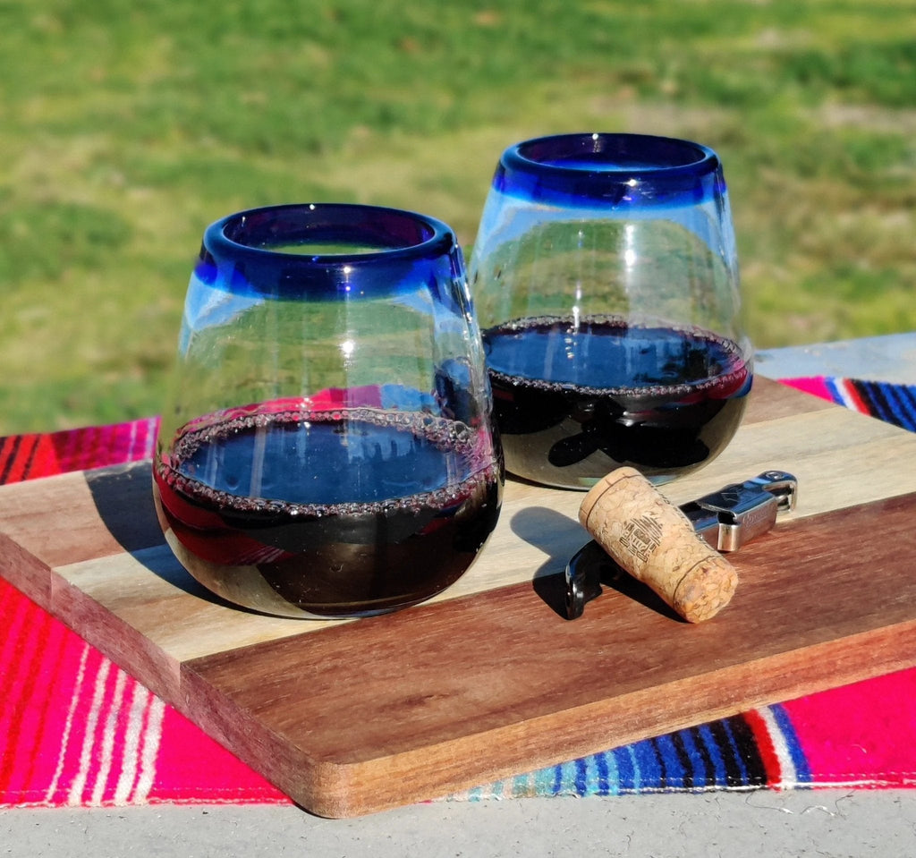 Hand Blown Mexican Stemless Wine Glasses - Set of 6 Glasses with Cobalt Blue Rims (15 oz) by Dos Sueños