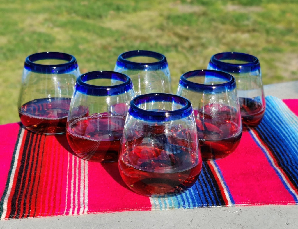 Hand Blown Mexican Stemless Wine Glasses - Set of 6 Glasses with Cobalt Blue Rims (15 oz) by Dos Sueños