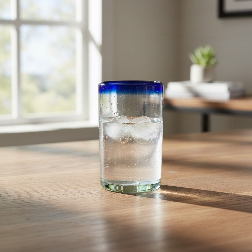 Hand-Blown Mexican Tumbler Glass | Cobalt Blue Rim Design Mexican Drinking Glass La Vie Bien Hand-Blown Mexican Tumbler Glass | Cobalt Blue Rim Design