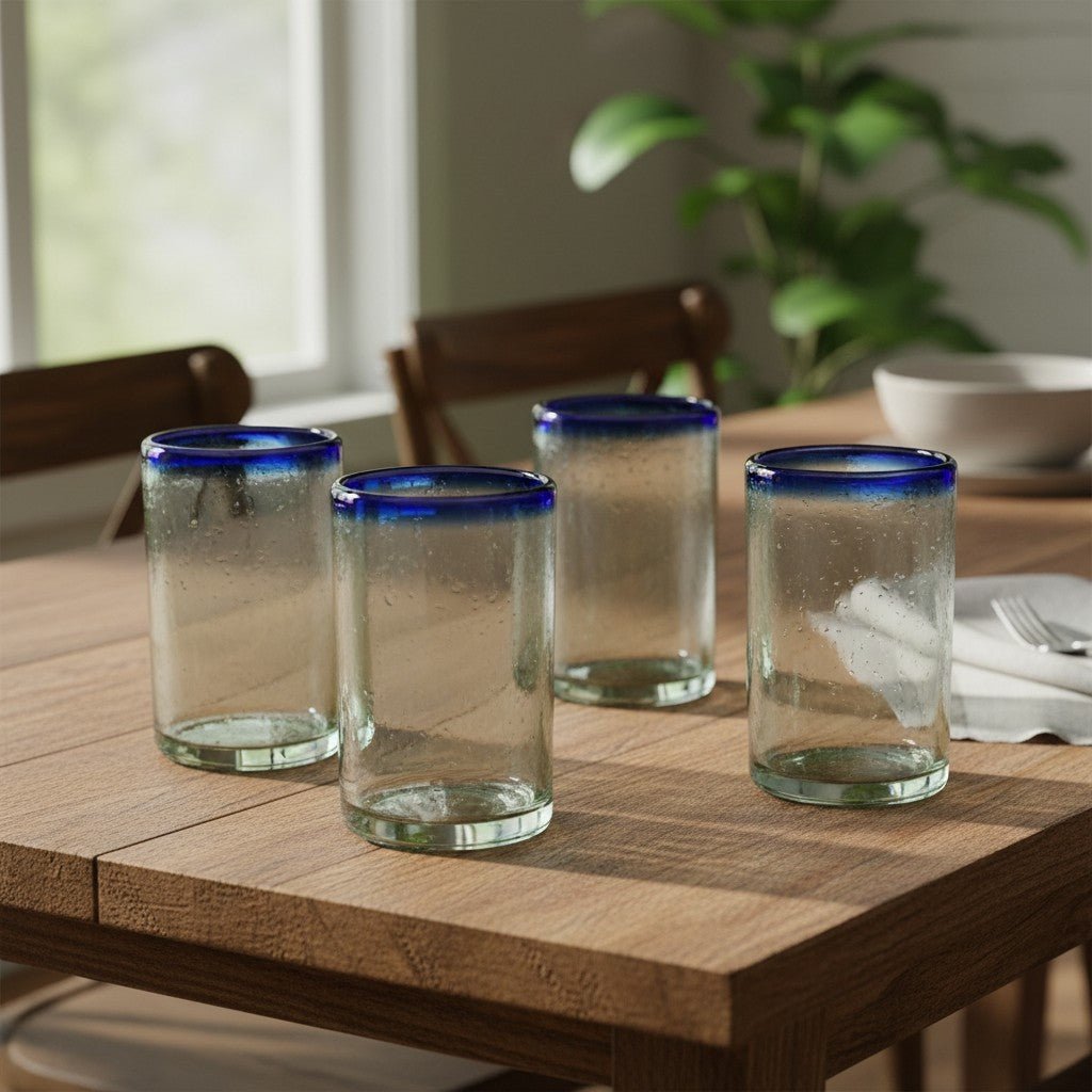 Hand-Blown Mexican Tumbler Glass | Cobalt Blue Rim Design Mexican Drinking Glass La Vie Bien Hand-Blown Mexican Tumbler Glass | Cobalt Blue Rim Design