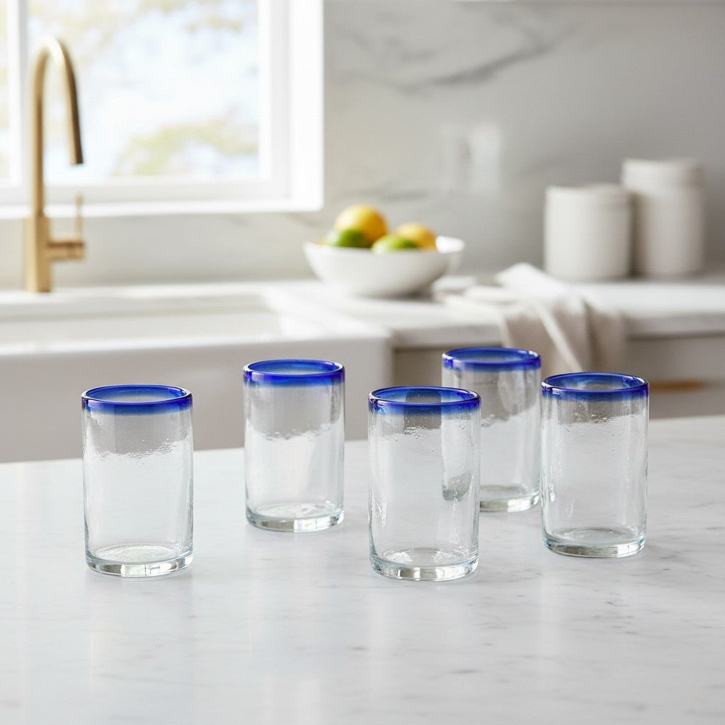 Hand-Blown Mexican Tumbler Glass | Cobalt Blue Rim Design Mexican Drinking Glass La Vie Bien Hand-Blown Mexican Tumbler Glass | Cobalt Blue Rim Design