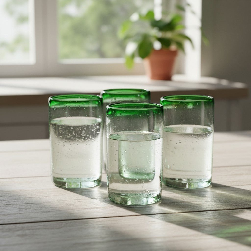 Hand-Blown Mexican Tumbler Glass | Emerald Green Rim Mexican Drinking Glass La Vie Bien Hand-Blown Mexican Tumbler Glass | Emerald Green Rim