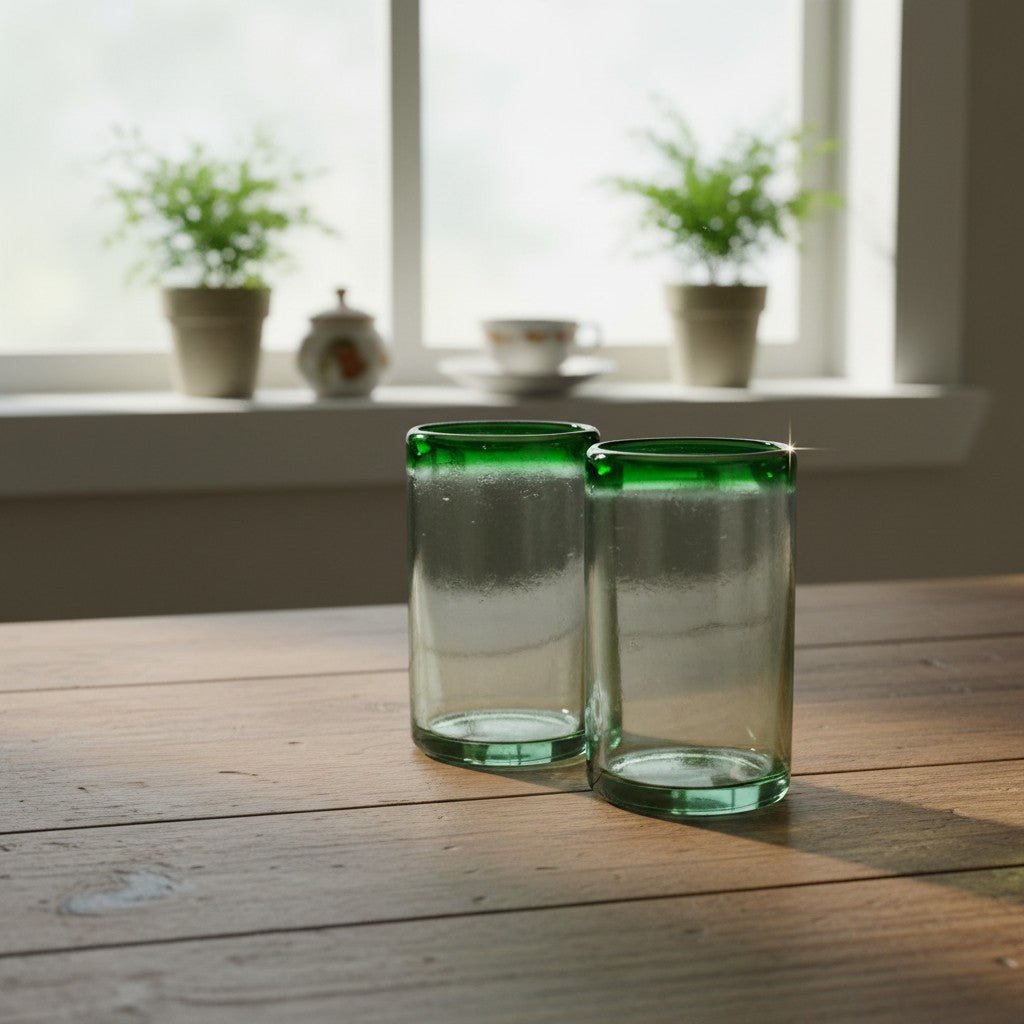 Hand-Blown Mexican Tumbler Glass | Emerald Green Rim Mexican Drinking Glass La Vie Bien Hand-Blown Mexican Tumbler Glass | Emerald Green Rim