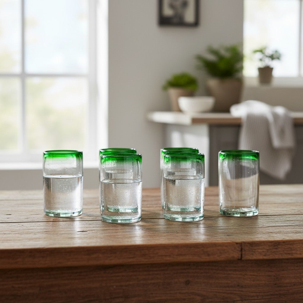 Hand-Blown Mexican Tumbler Glass | Emerald Green Rim Mexican Drinking Glass La Vie Bien Hand-Blown Mexican Tumbler Glass | Emerald Green Rim