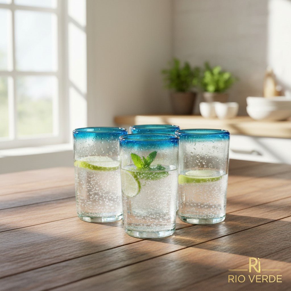 Hand-Blown Mexican Tumbler Glass | Teal Rim Design Mexican Drinking Glass La Vie Bien Hand-Blown Mexican Tumbler Glass | Teal Rim Design