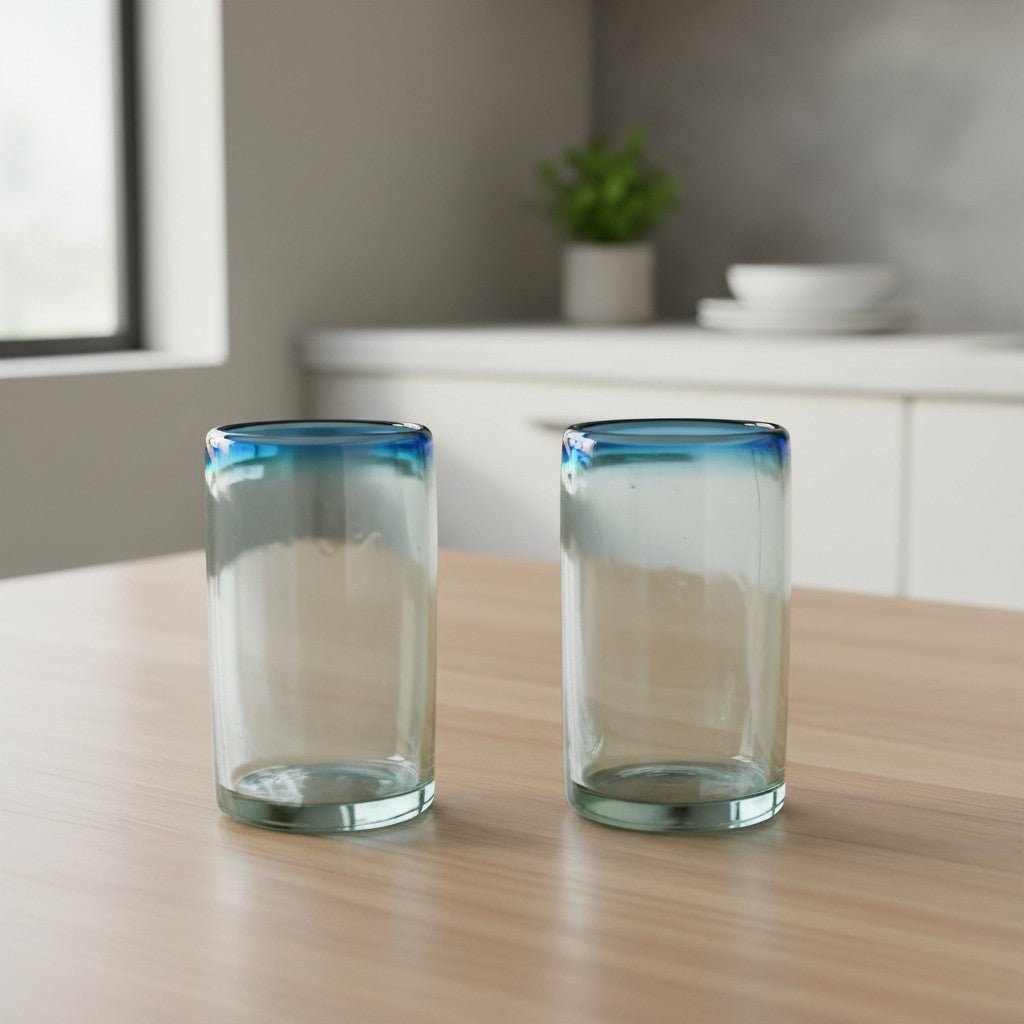 Hand-Blown Mexican Tumbler Glass | Teal Rim Design Mexican Drinking Glass La Vie Bien Hand-Blown Mexican Tumbler Glass | Teal Rim Design