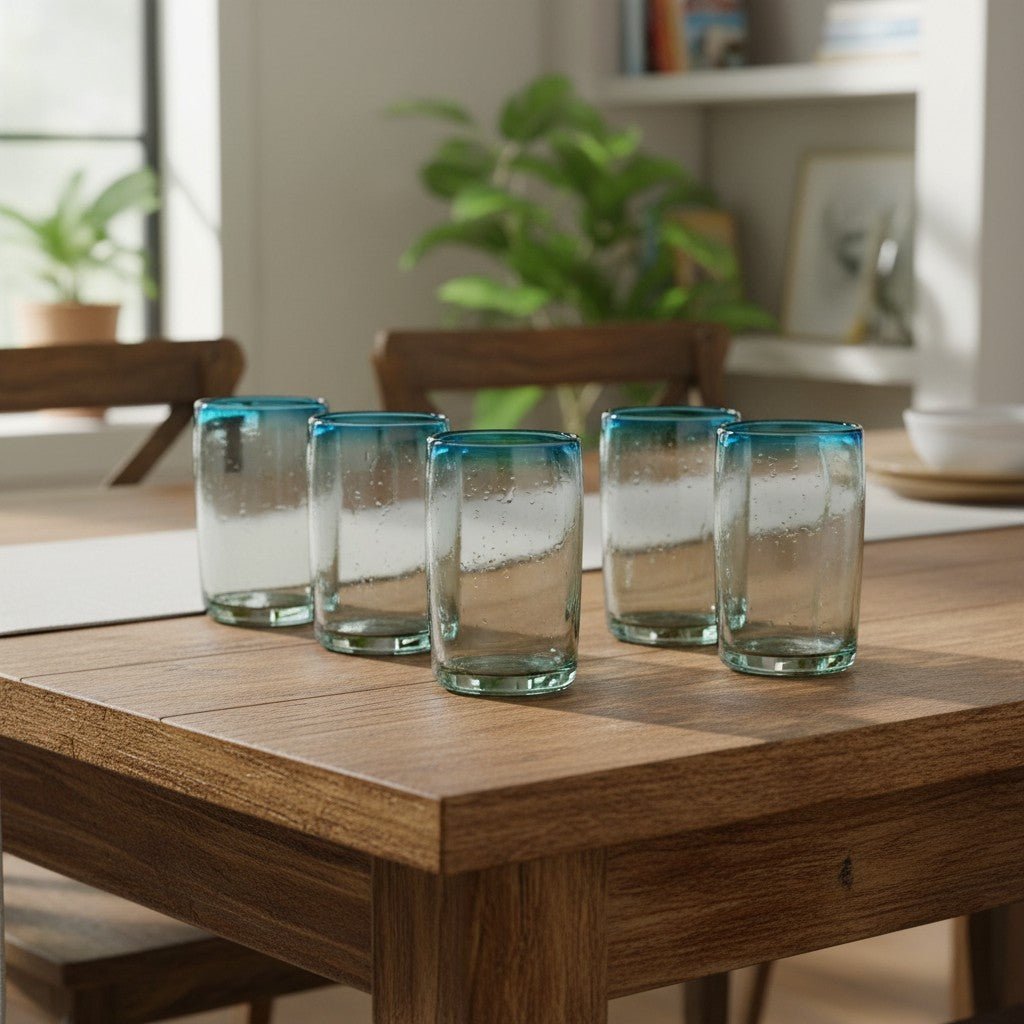 Hand-Blown Mexican Tumbler Glass | Teal Rim Design Mexican Drinking Glass La Vie Bien Hand-Blown Mexican Tumbler Glass | Teal Rim Design