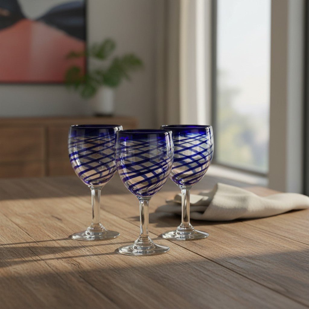 Hand-Blown Mexican Wine Glass | Cobalt Blue Swirl Goblet Mexican Wine Glass La Vie Bien Hand-Blown Mexican Wine Glass | Cobalt Blue Swirl Goblet