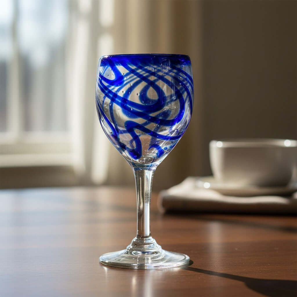 Hand-Blown Mexican Wine Glass | Cobalt Blue Swirl Goblet Mexican Wine Glass La Vie Bien Hand-Blown Mexican Wine Glass | Cobalt Blue Swirl Goblet
