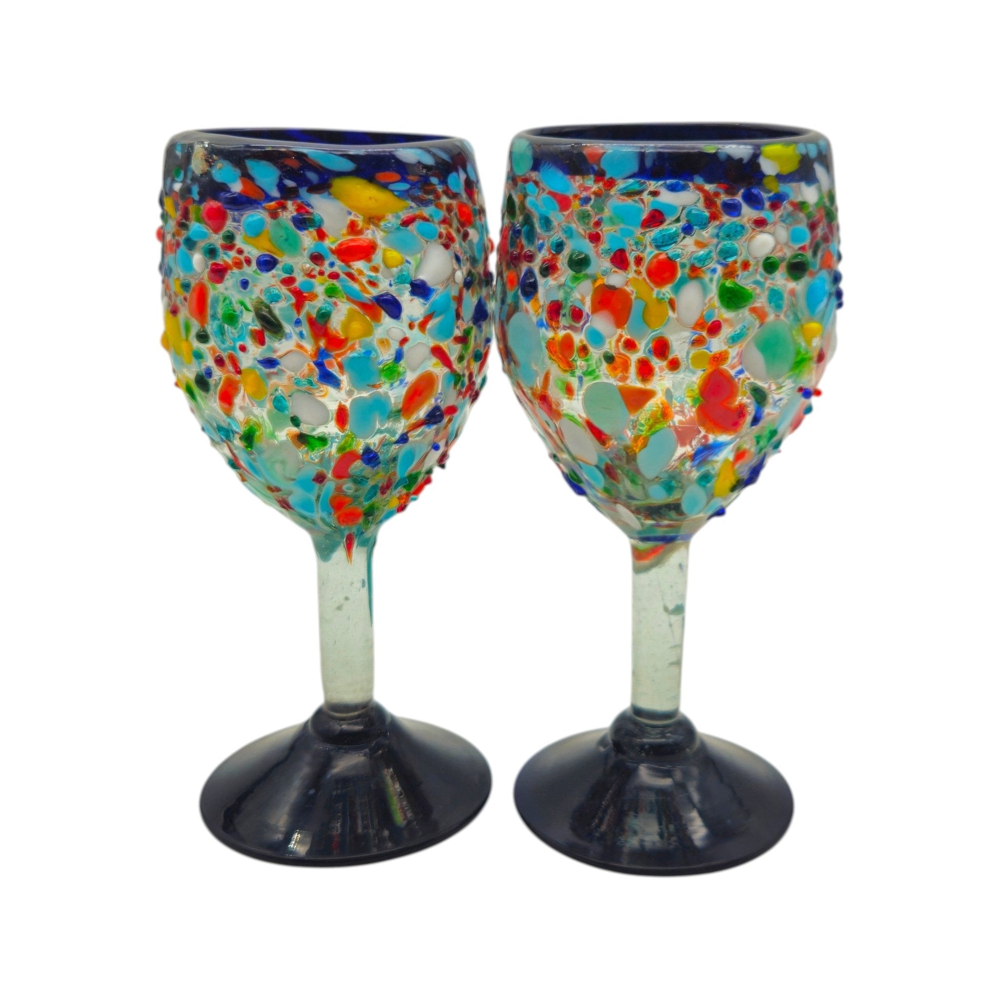 Hand Blown Mexican Wine Glasses | Blue Rim Confetti Design Mexican Wine Glass La Vie Bien Hand Blown Mexican Wine Glasses | Blue Rim Confetti Design