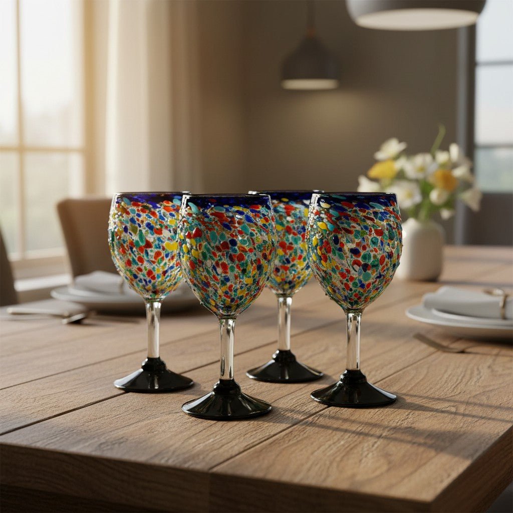 Hand Blown Mexican Wine Glasses | Blue Rim Confetti Design Mexican Wine Glass La Vie Bien Hand Blown Mexican Wine Glasses | Blue Rim Confetti Design